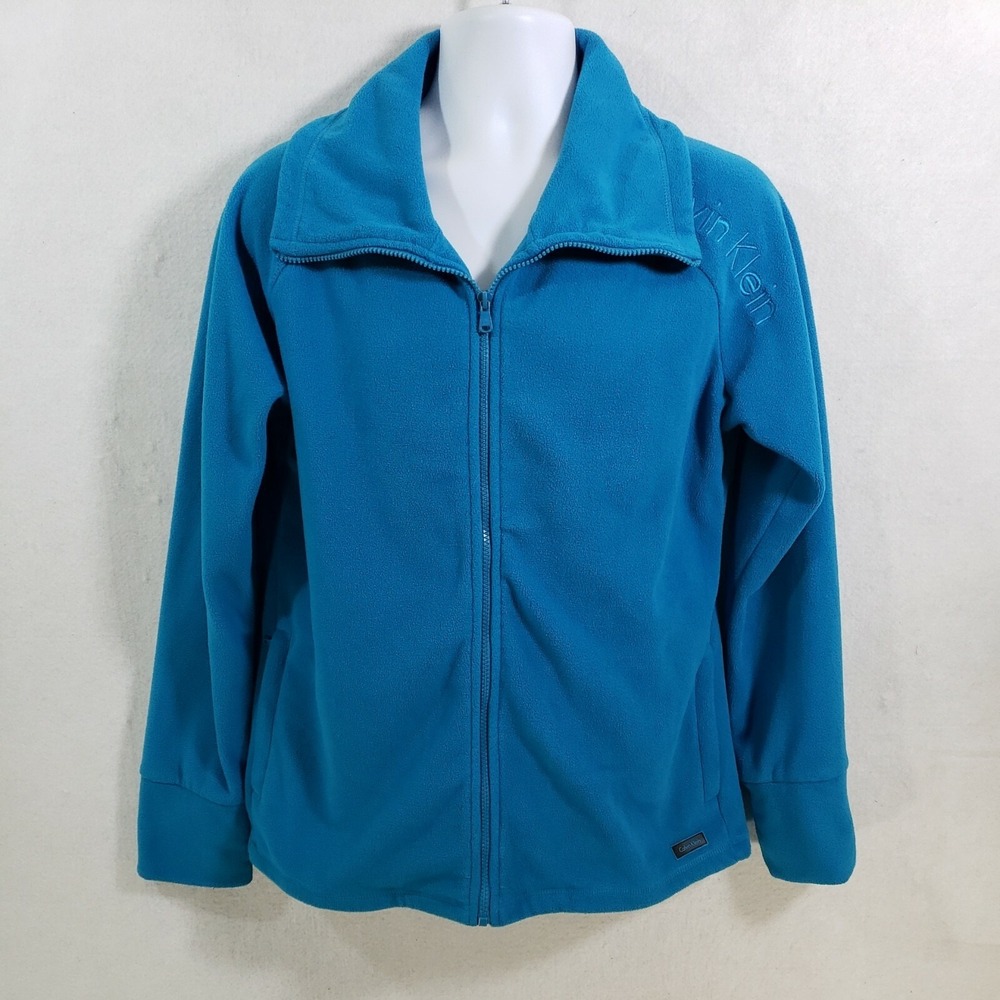 CALVIN KLEIN‎ Fleece Jacket XL Women's Zip Turquoise Head & Cell Phone Pockets